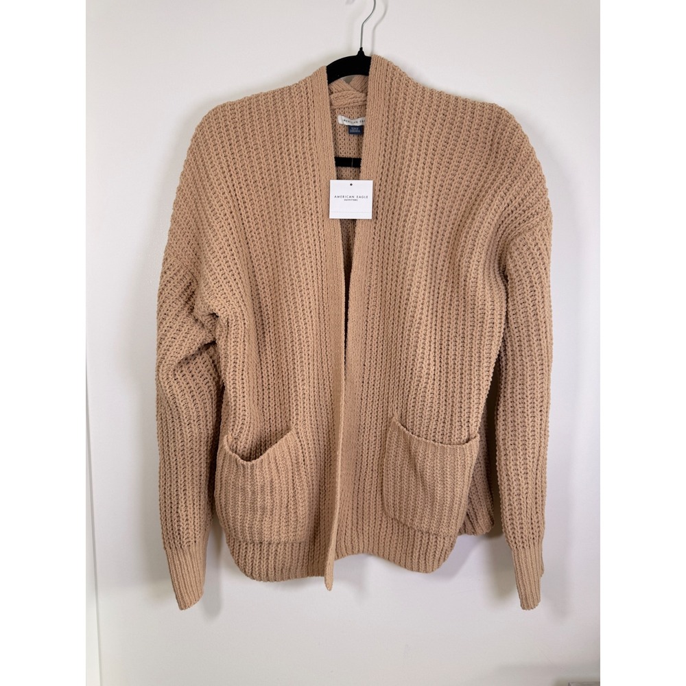 American Eagle Cardigan Women M Tan NEW Waffle Knit Open Front Pocket Sweater